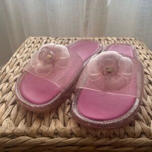 Kate Spade Pink and Silver Slide Sandals with Pom-Poms